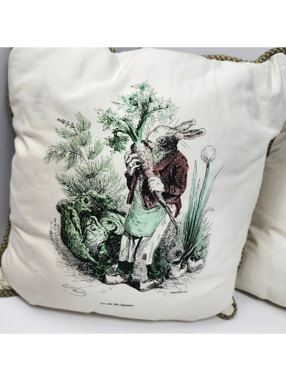 Pair Vintage Handmade Grandville Rabbit Vegetable Accent Pillows 12x12